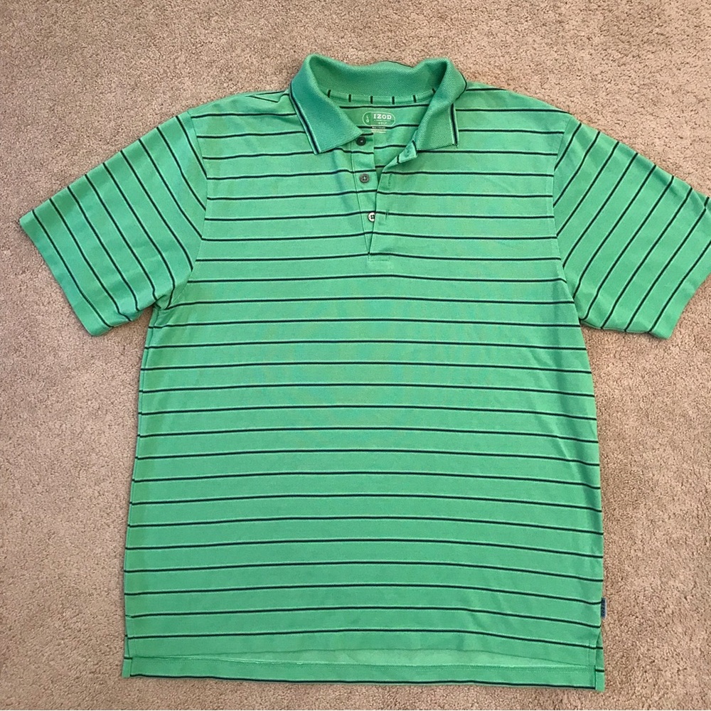 Izod Golf Polo Shirt Mens Large Green Stripe X Treme Function Relaxed Fit Casual